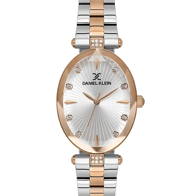 Daniel Klein DK.1.13954-6 women's quartz watch with oval rose gold case, silver sunray guilloche dial, crystal indices, and two-tone stainless steel bracelet
