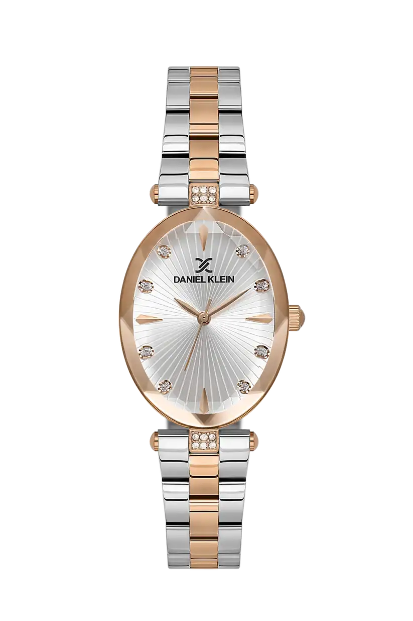 Daniel Klein DK.1.13954-6 women's quartz watch with oval rose gold case, silver sunray guilloche dial, crystal indices, and two-tone stainless steel bracelet