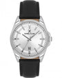 Daniel Klein DK.6.14036-1 men's quartz watch with silver sunray dial, applied indices, date window at 6 o'clock, polished stainless steel case, and black genuine leather strap