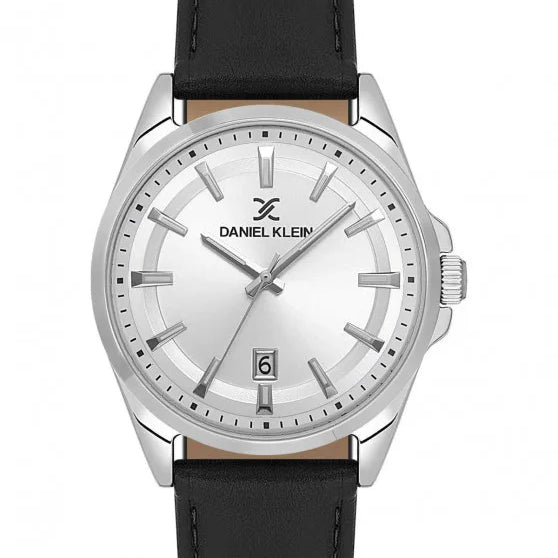 Daniel Klein DK.6.14036-1 men's quartz watch with silver sunray dial, applied indices, date window at 6 o'clock, polished stainless steel case, and black genuine leather strap