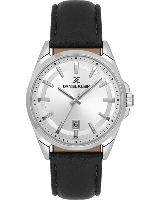 Daniel Klein DK.6.14036-1 men's quartz watch with silver sunray dial, applied indices, date window at 6 o'clock, polished stainless steel case, and black genuine leather strap