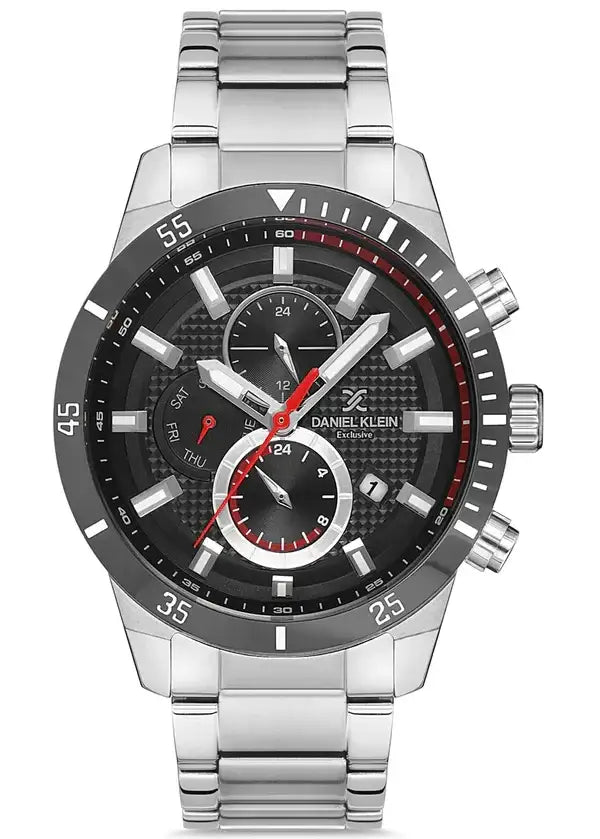 Daniel Klein Exclusive DK112741-1 men's multifunction quartz watch with black carbon-pattern dial, red accents, and stainless steel bracelet