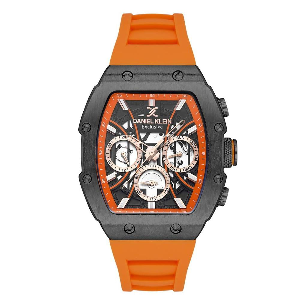 Daniel Klein Exclusive quartz chronograph with tonneau case and skeleton dial featuring orange accents