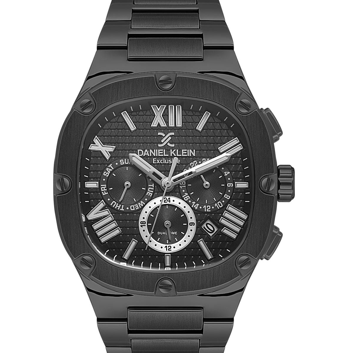 Daniel Klein Exclusive cushion chronograph watch with octagonal bezel, black dial, Roman numerals and steel bracelet