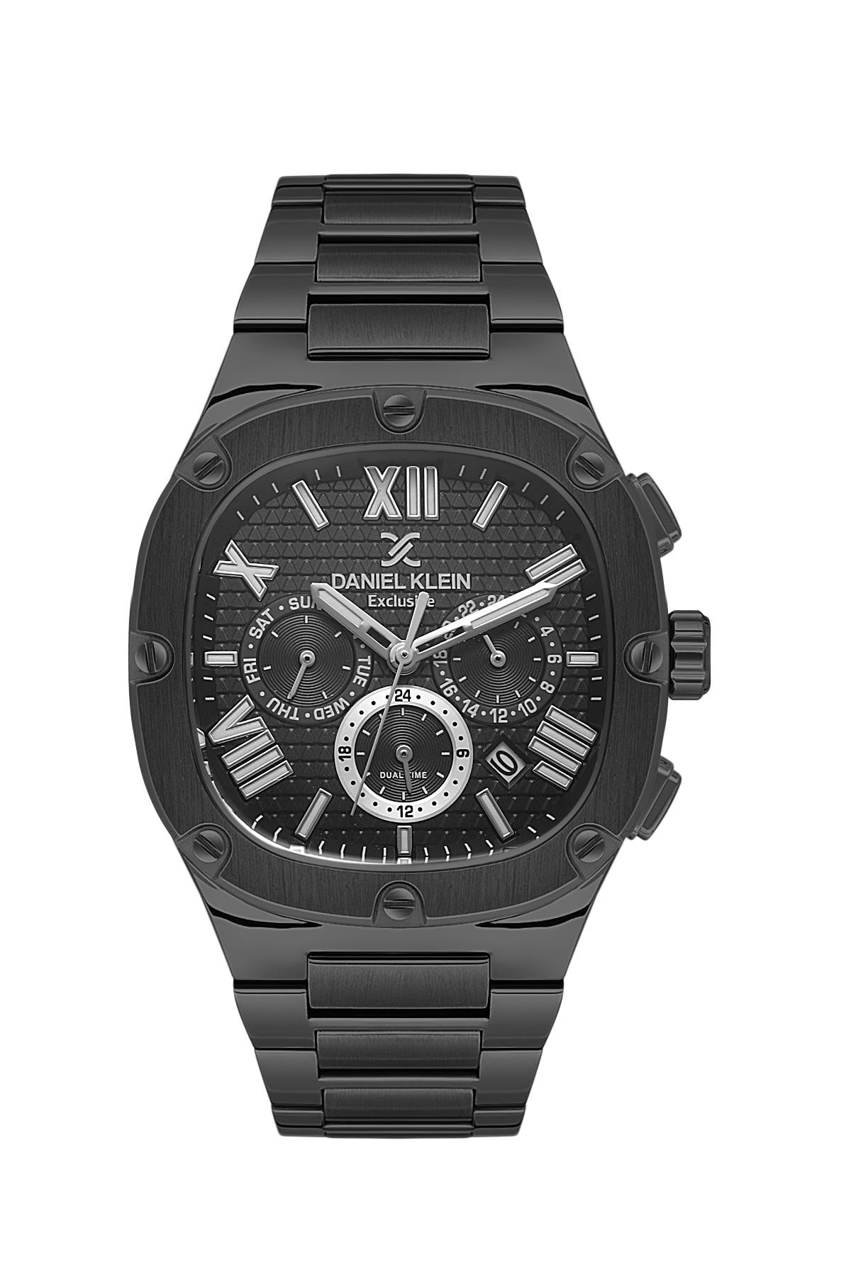 Daniel Klein Exclusive cushion chronograph watch with octagonal bezel, black dial, Roman numerals and steel bracelet