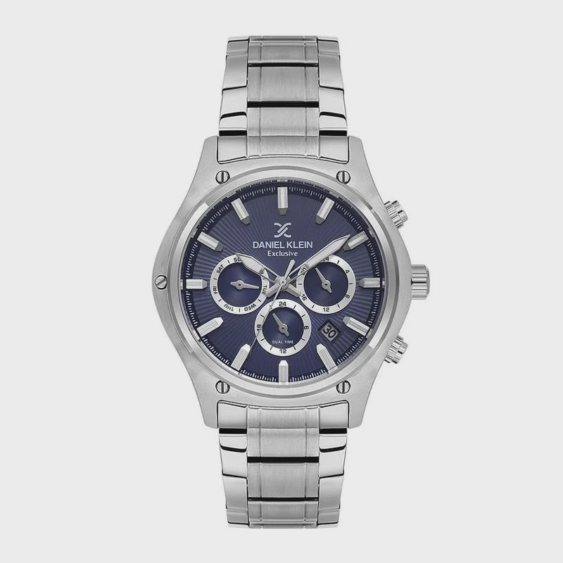Daniel Klein Exclusive 44 mm blue dial chronograph watch with stainless steel bracelet