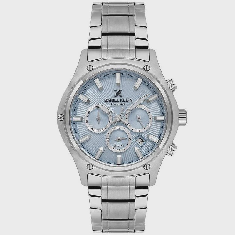 Daniel Klein Exclusive quartz chronograph with blue textured dial, octagonal bezel and steel bracelet