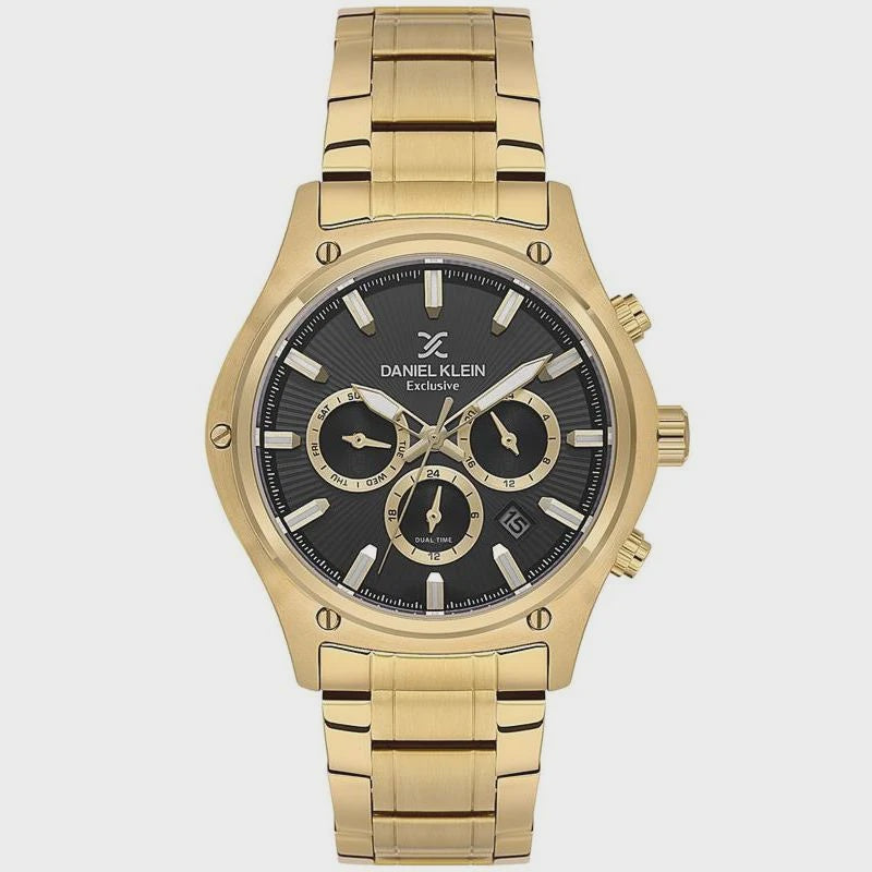 Daniel Klein Exclusive chronograph with black textured dial and gold-tone steel bracelet
