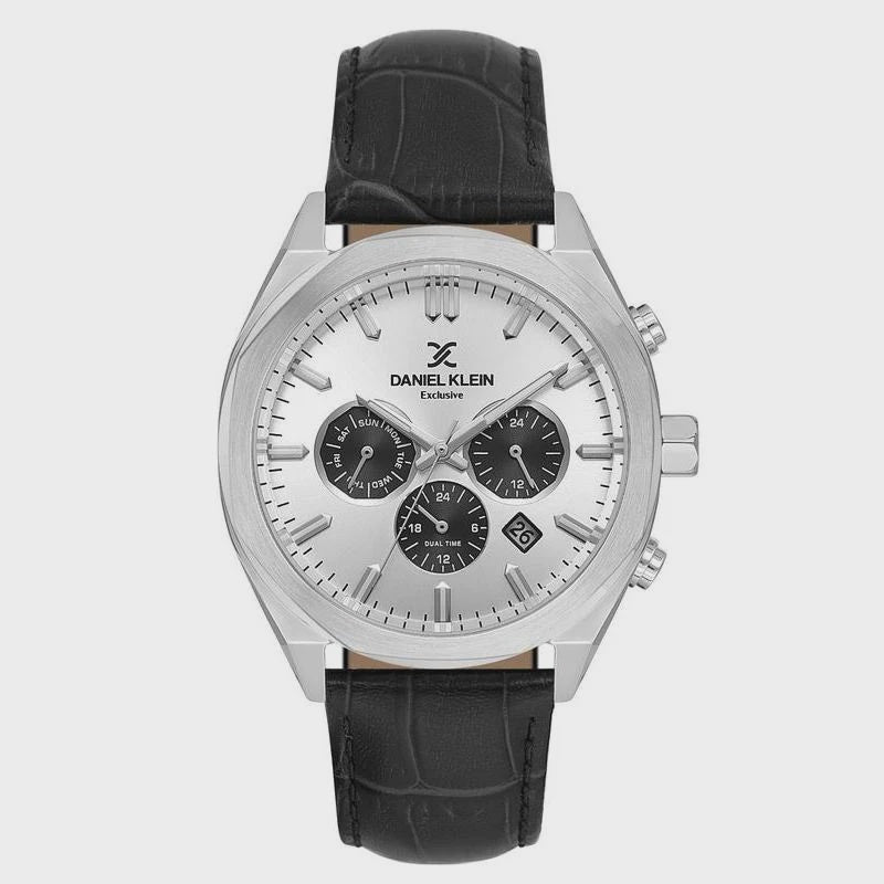 Daniel Klein Exclusive chronograph watch with silver dial, three subdials, date window and leather strap
