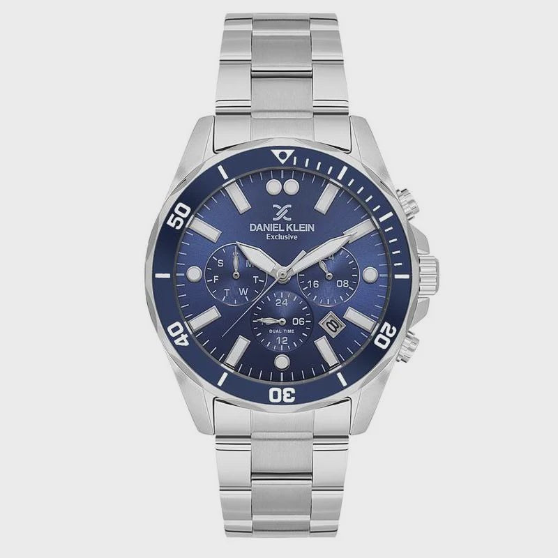 Daniel Klein 32 mm blue dial chronograph watch with stainless steel bracelet and rotating bezel