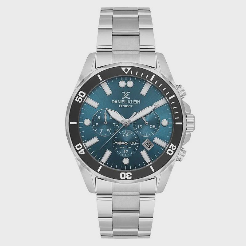 Daniel Klein Exclusive quartz watch with blue dial, rotating bezel and steel bracelet