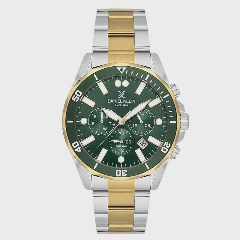 Daniel Klein Exclusive DK1.14067-5 green dial dual-time watch with two-tone steel bracelet and rotating bezel
