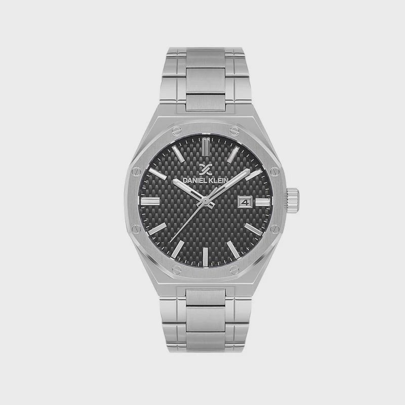 Daniel Klein octagonal steel watch with black carbon fibre dial and date window