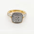 9ct yellow gold cushion cut diamond cluster engagement ring with double halo and pavé set shoulders on white background