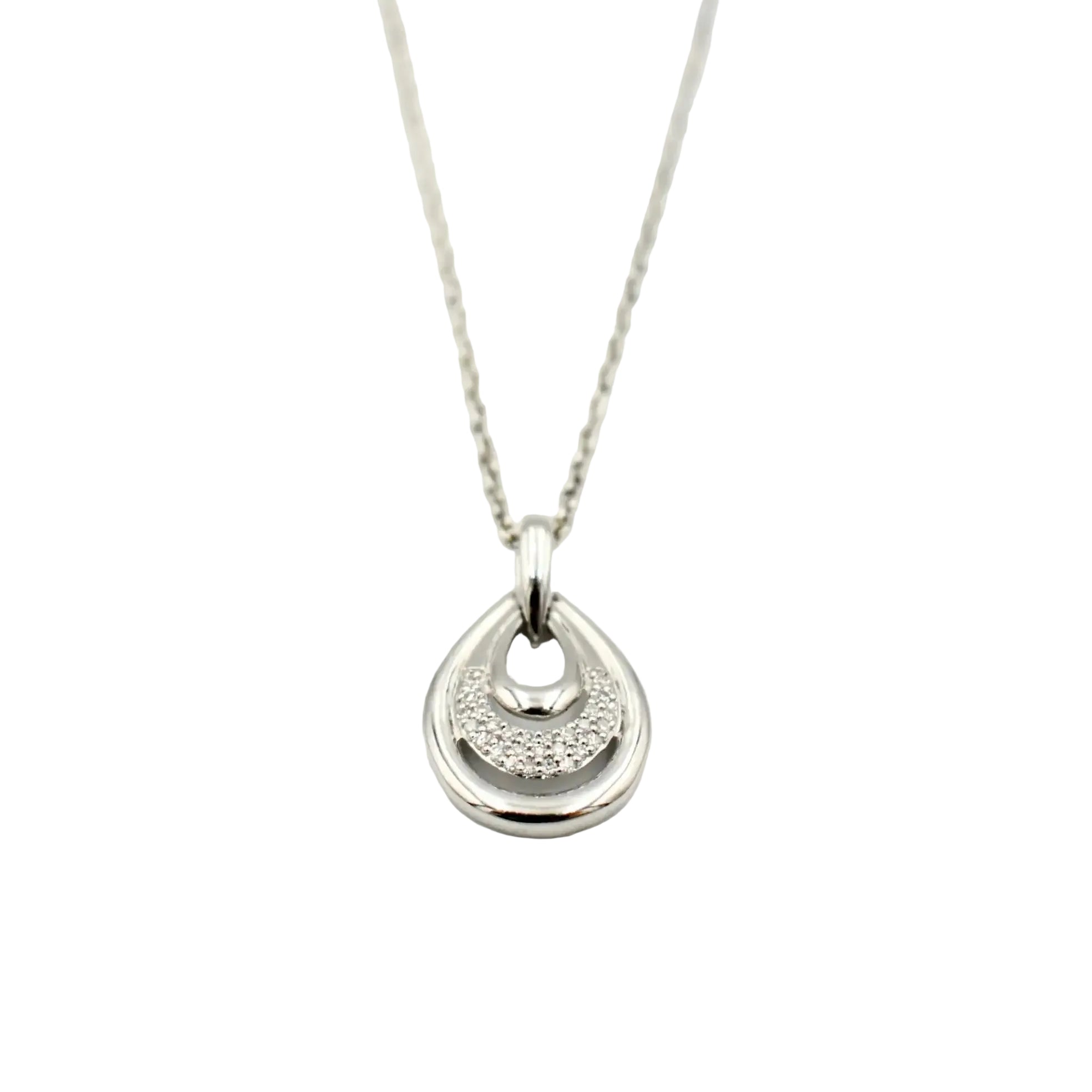 9ct white gold teardrop pendant necklace with 0.12ct pavé diamonds on white gold chain by Cassim & Co. Johannesburg