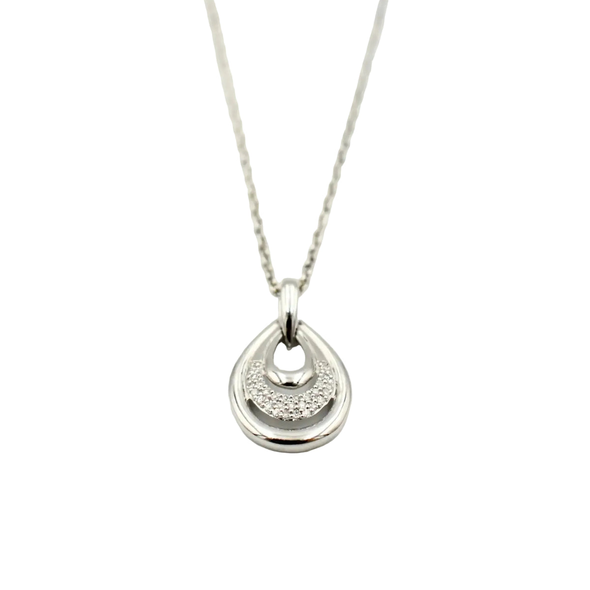 9ct white gold teardrop pendant necklace with 0.12ct pavé diamonds on white gold chain by Cassim & Co. Johannesburg