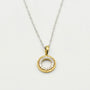 9ct white gold circle pendant necklace with 0.10ct diamonds and yellow gold bail on white background