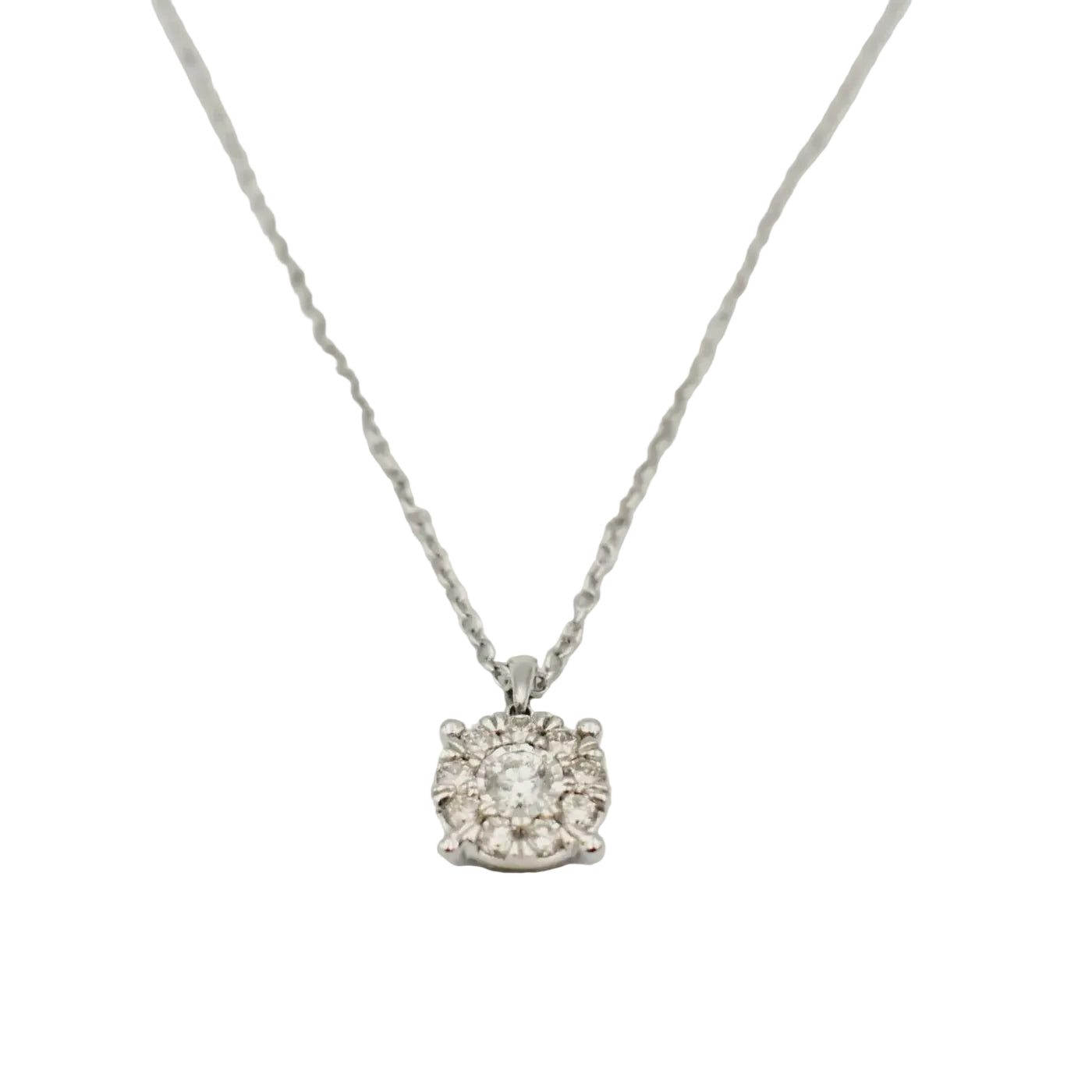 9ct white gold diamond pendant necklace with 0.50ct brilliant-cut diamonds in cushion cluster setting on white gold chain