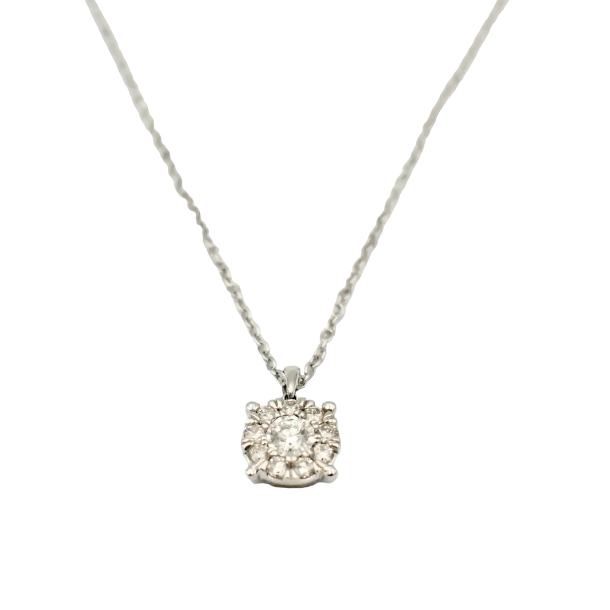 9ct white gold 0.25ct diamond cluster necklace with four-claw setting on white gold chain by Cassim & Co Johannesburg