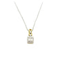 9ct white and yellow gold diamond necklace with 0.15ct baguette centre stone and halo setting on white background