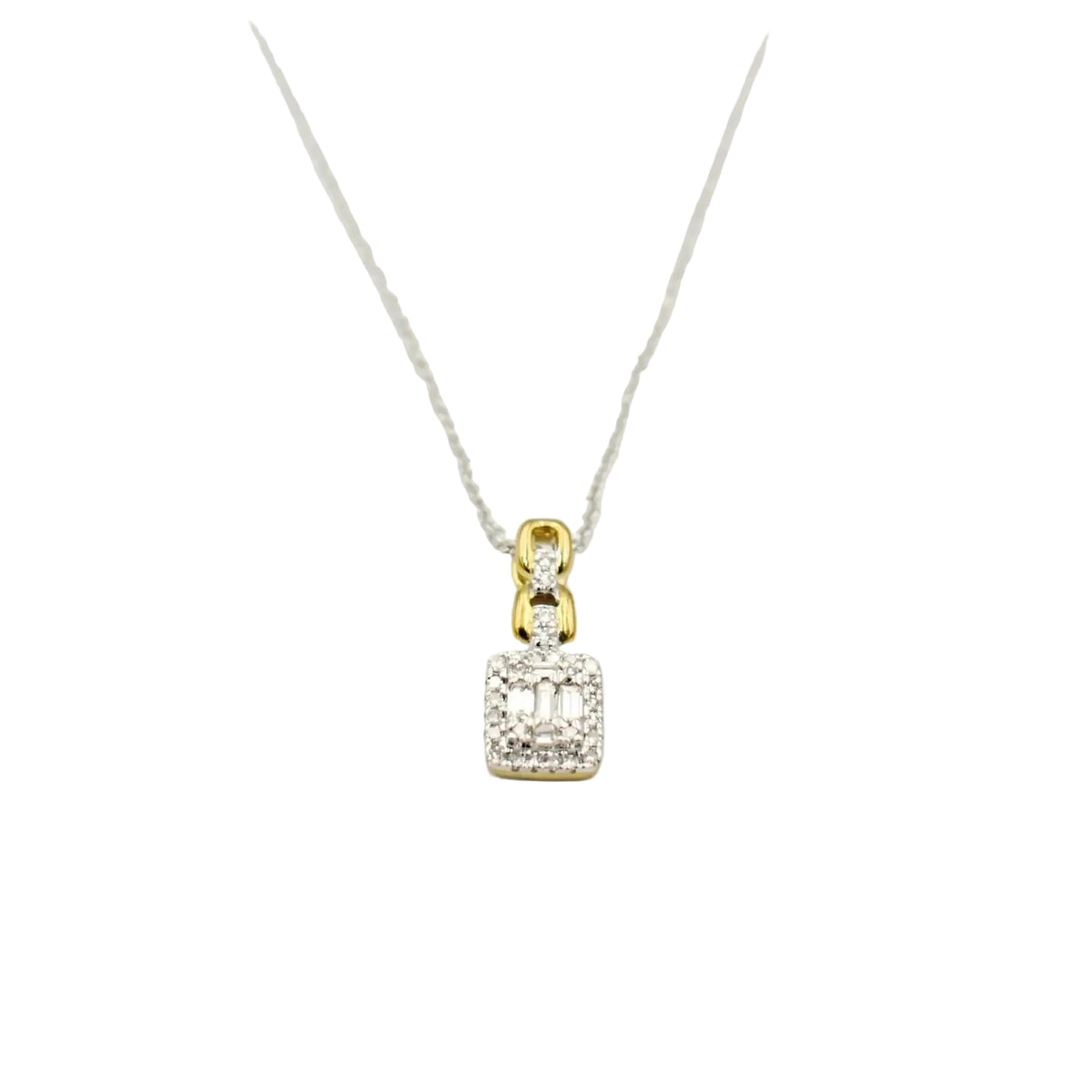 9ct white and yellow gold diamond necklace with 0.15ct baguette centre stone and halo setting on white background