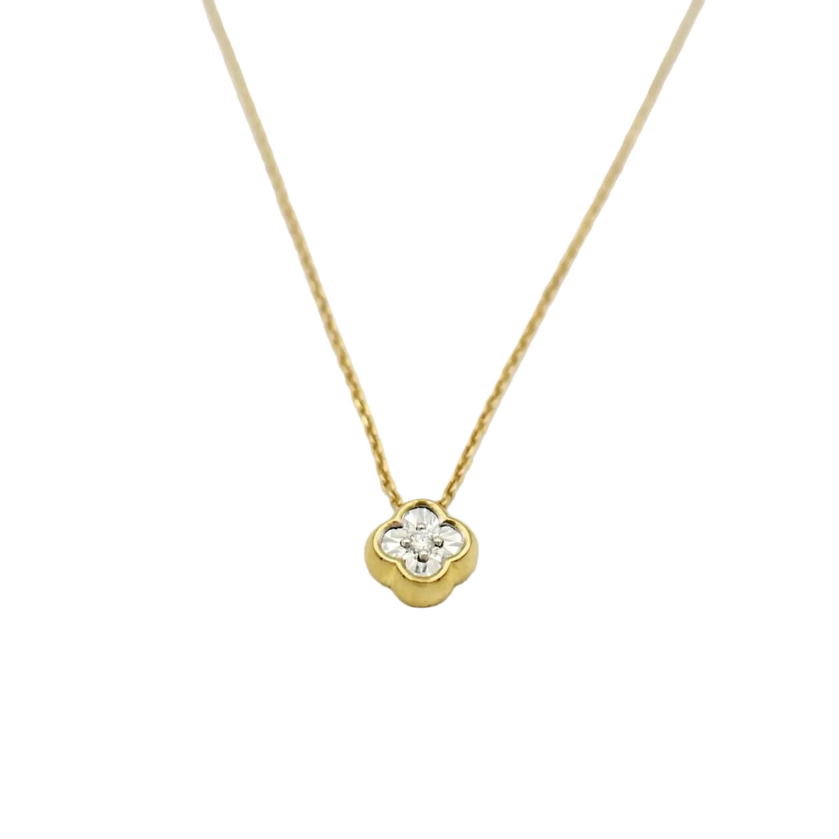 9ct yellow gold diamond necklace with clover pendant featuring 0.20ct brilliant-cut diamonds in white gold setting by Cassim & Co Johannesburg