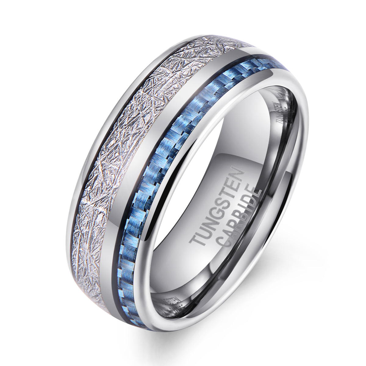 Tungsten Silver Blue & White Carbon Fibre Ring