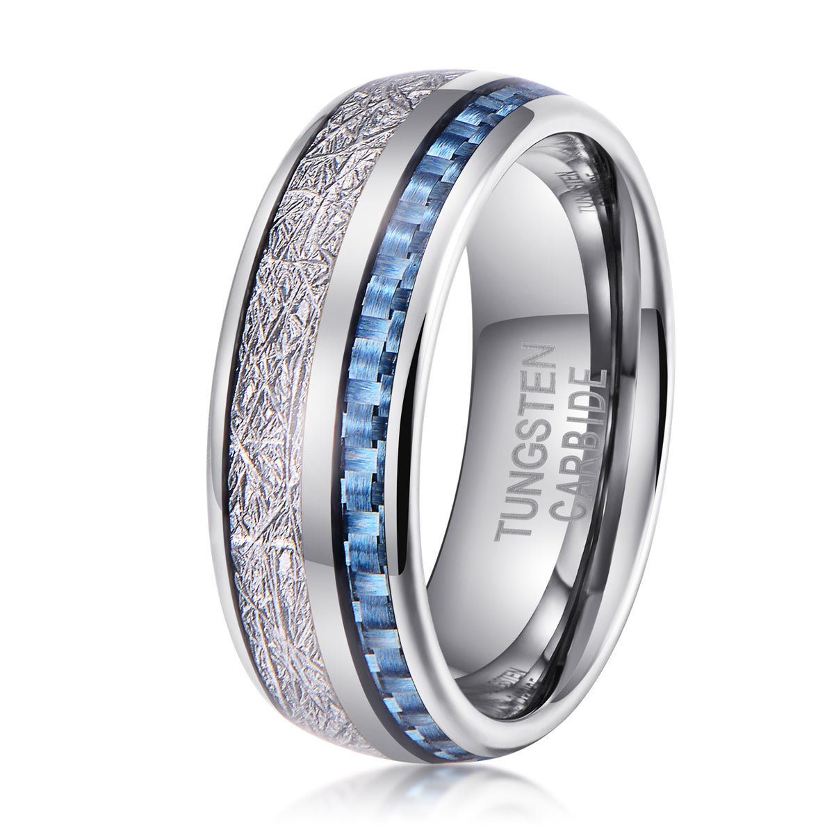 Tungsten Silver Blue & White Carbon Fibre Ring