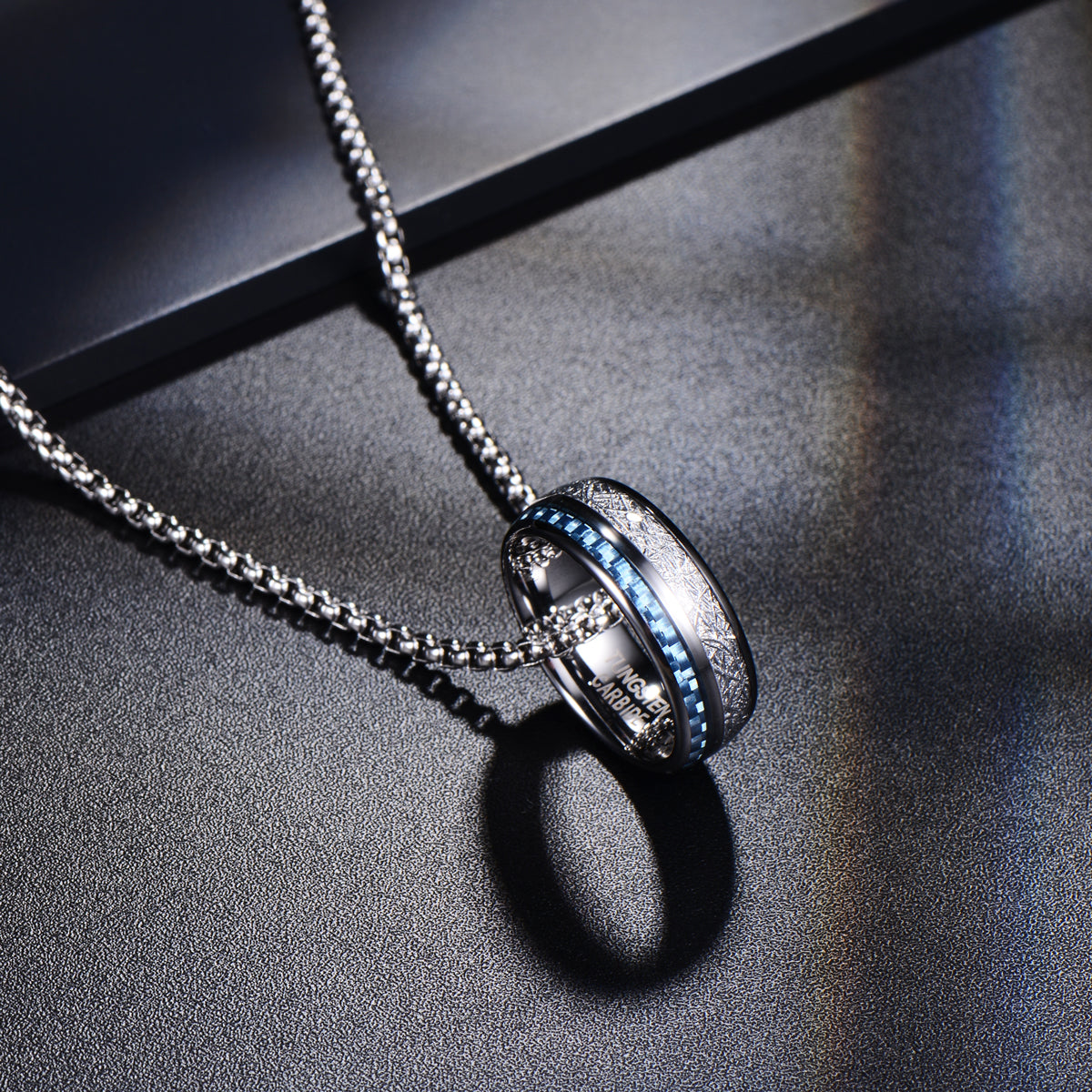 Tungsten Silver Blue & White Carbon Fibre Ring