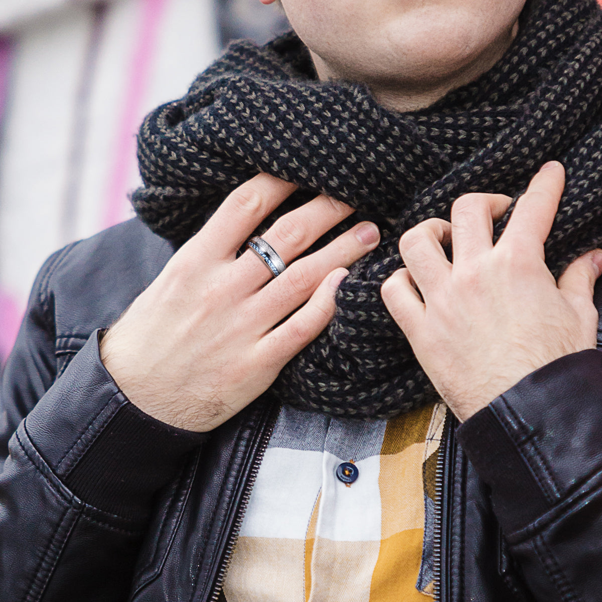 Tungsten Silver Blue & White Carbon Fibre Ring