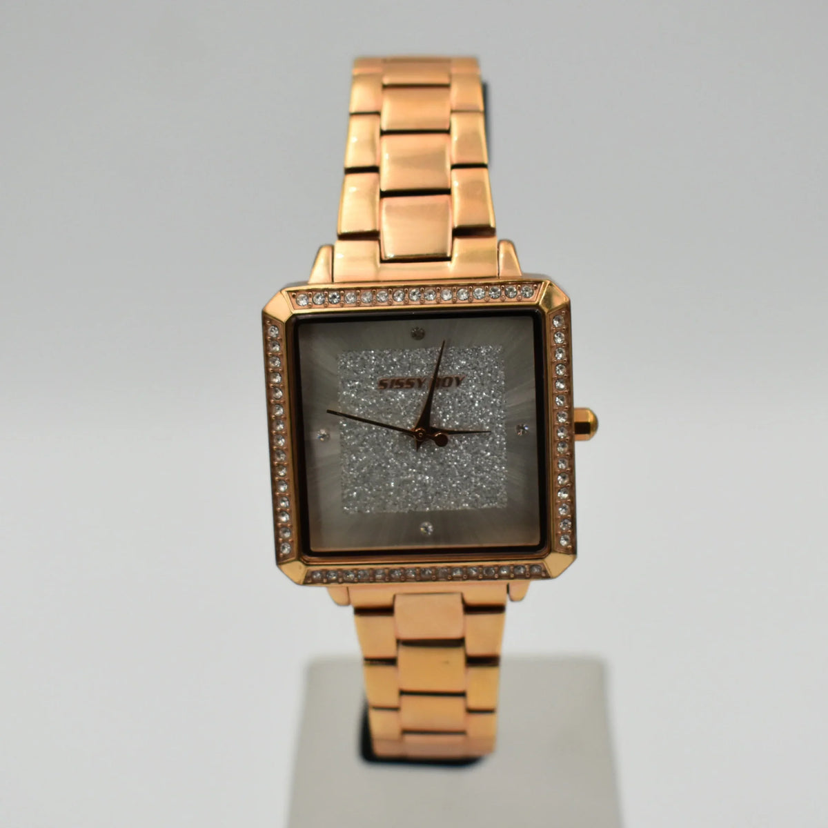 Sissy Boy SBL64C ladies quartz watch with rose gold plated square case, crystal-set bezel, silver glitter dial and matching rose gold bracelet