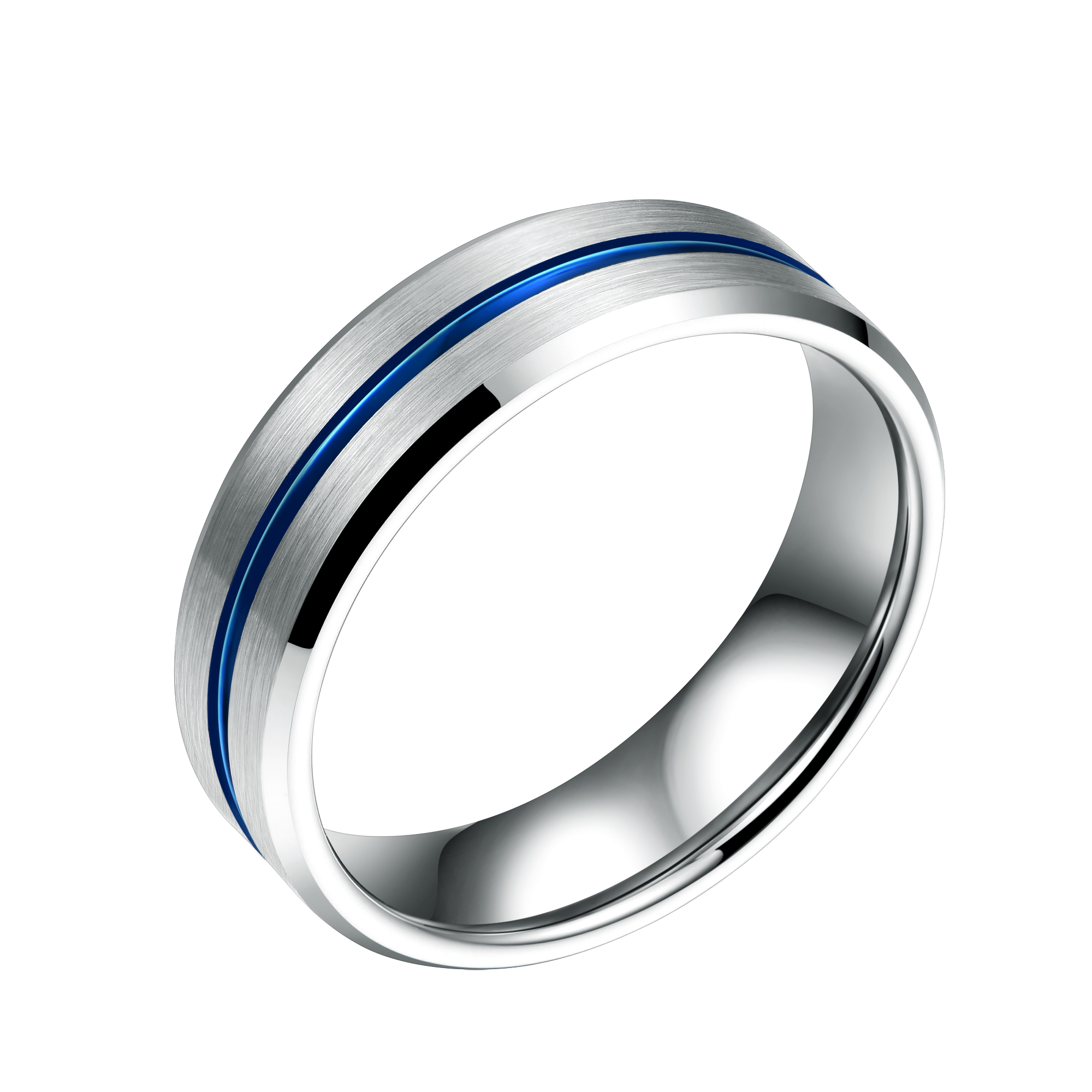 Tungsten carbide ring with blue centre groove and brushed silver finish with beveled edges