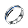 Tungsten carbide ring with blue centre groove and brushed silver finish with beveled edges
