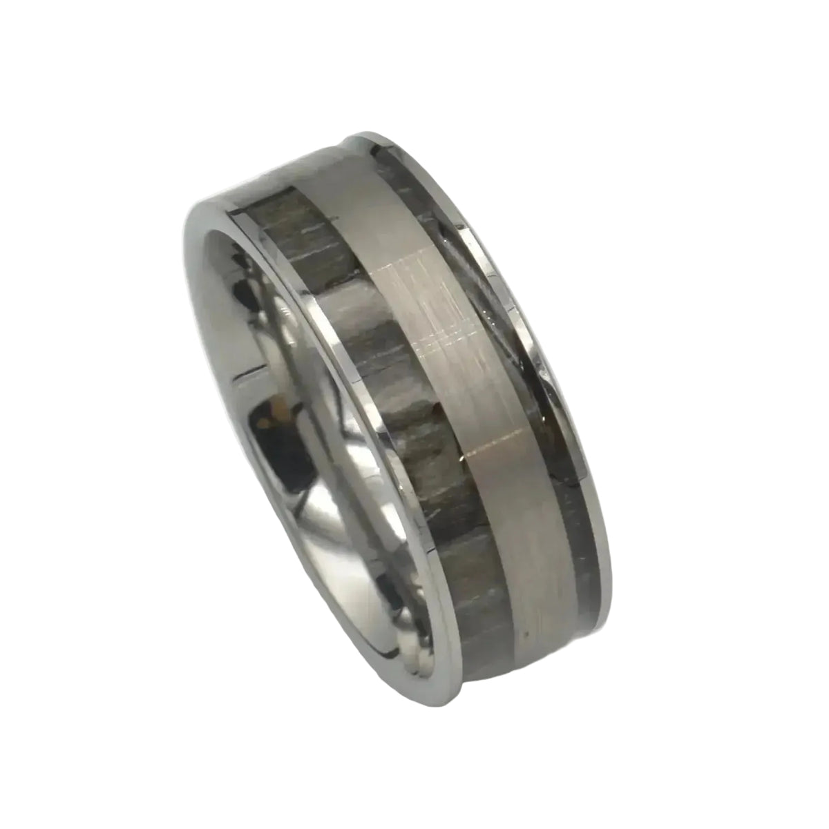 Tungsten grey and black striped band ring with bevelled edges and comfort fit interior from Cassim & Co. Johannesburg