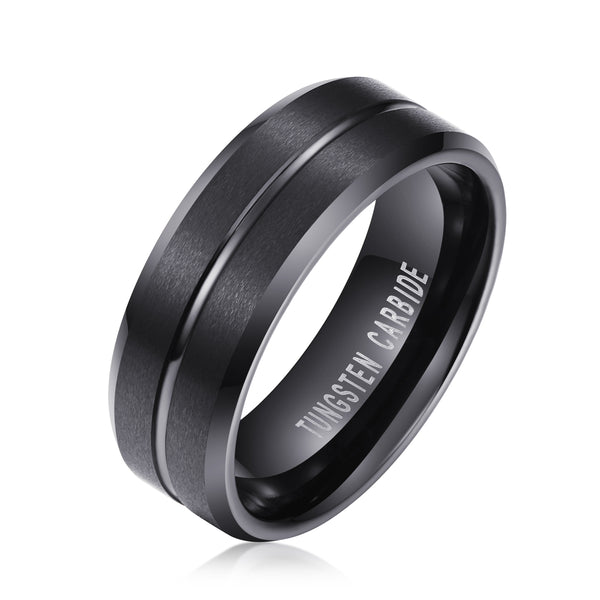 Tungsten Black Stripe Ring – Polished Inlay