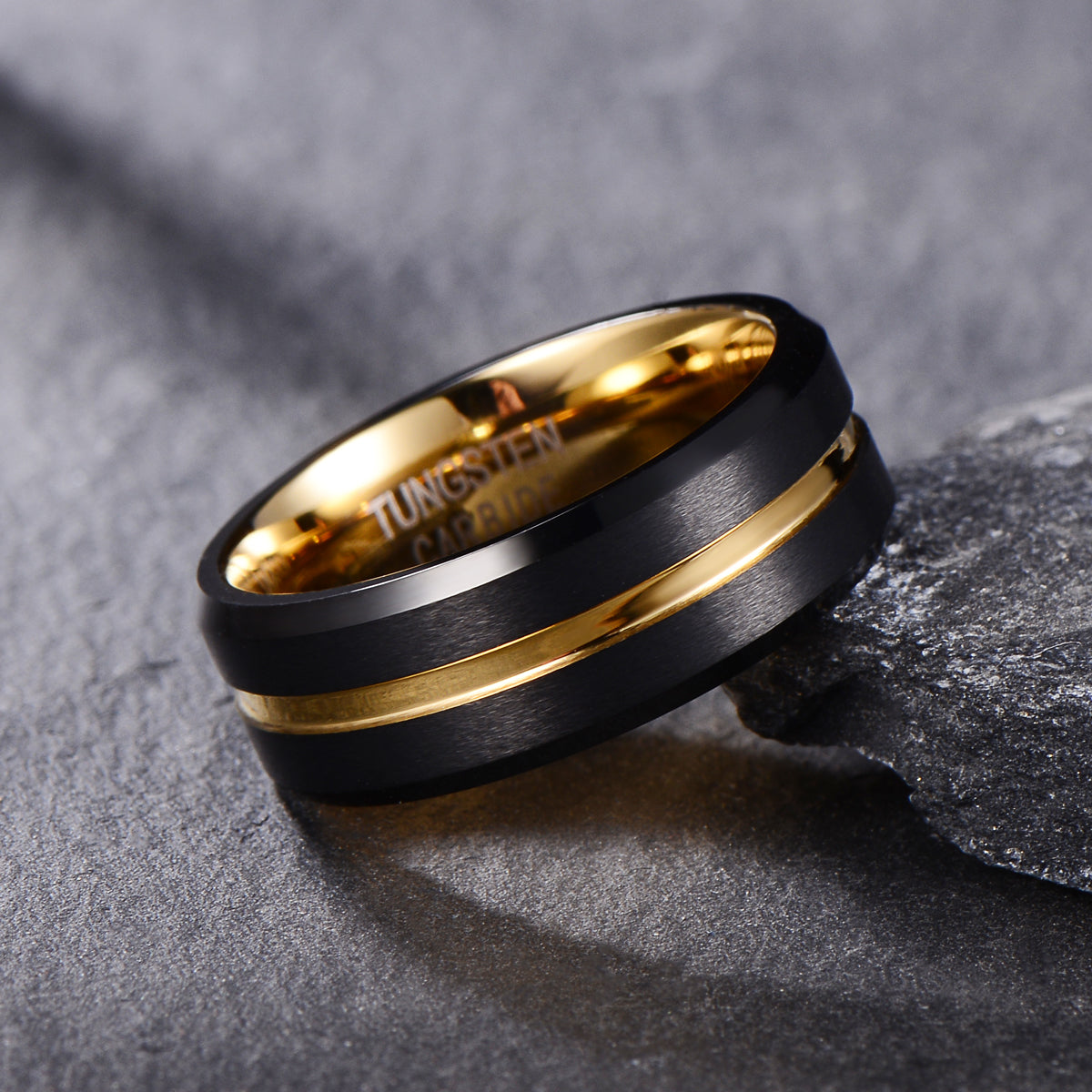 Tungsten  Gold & Black Bevelled Ring