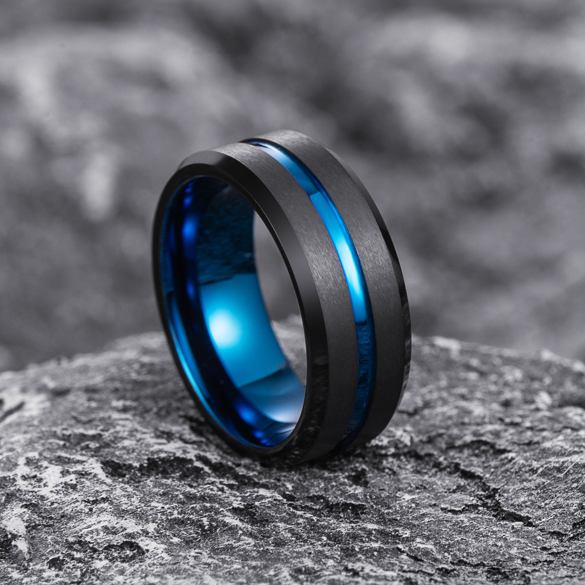 Tungsten Black & Blue Striped Ring