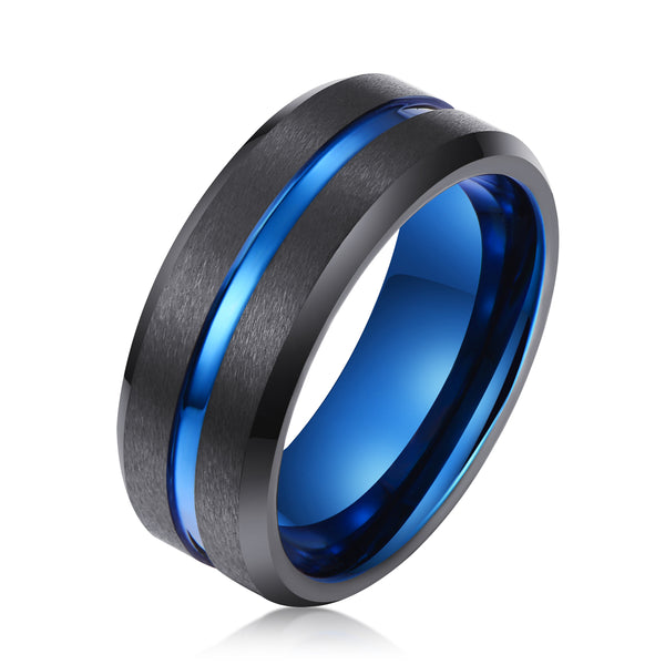 Tungsten Black & Blue Striped Ring