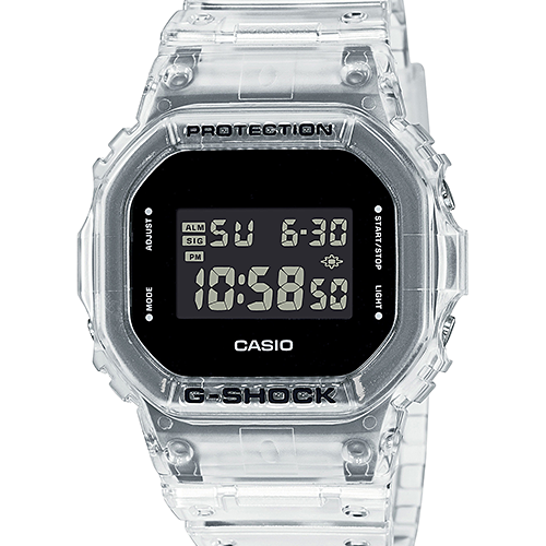Casio G-Shock DW-5600SKE-7DR transparent skeleton resin digital watch with black LCD display and integrated clear bracelet