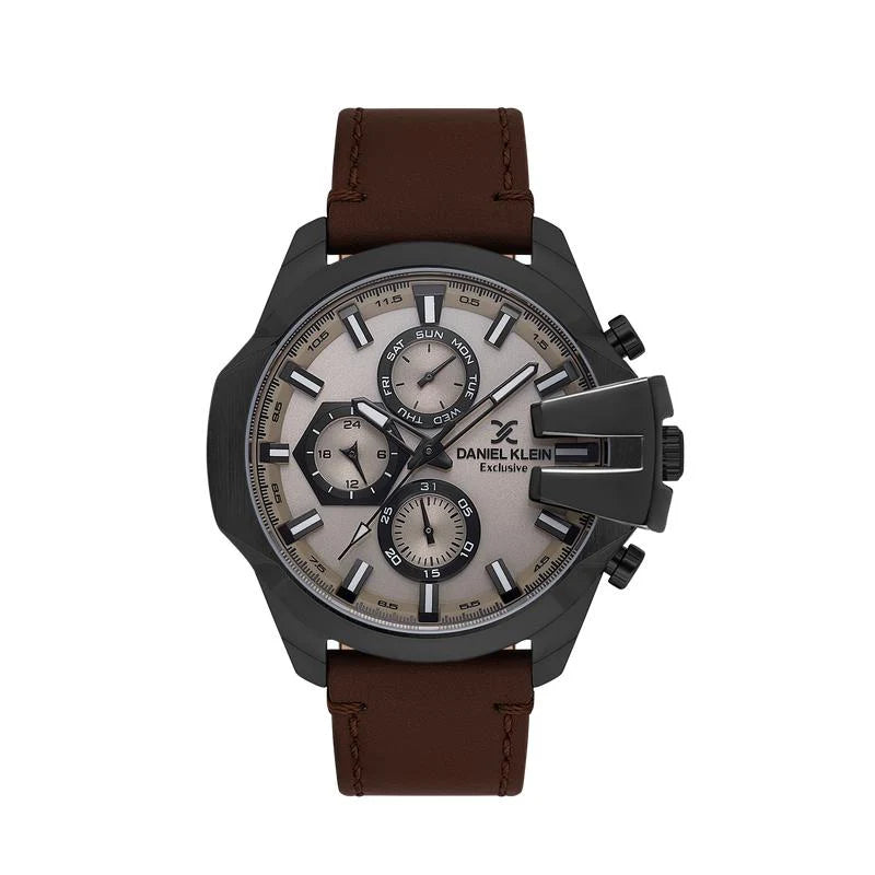 Daniel Klein Exclusive DK113849-4 multifunction chronograph watch with grey sunray dial, black coated 48mm cushion case, and brown leather strap
