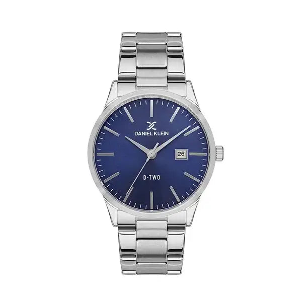 Daniel Klein Premium D-TWO DK113567-6 quartz watch with sunray blue dial, 41mm stainless steel case, date window, and polished steel bracelet