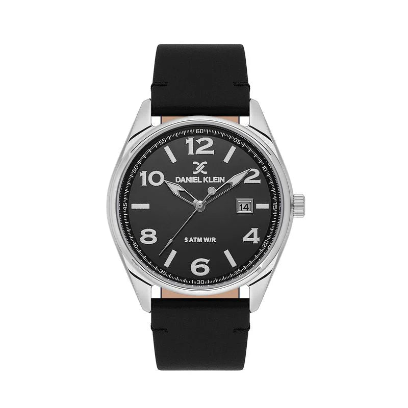 Daniel Klein DK113692-2 quartz watch with black dial, Arabic numerals, date window, stainless steel case and black leather strap