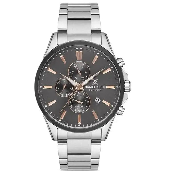Daniel Klein Exclusive DK112984-6 men's multifunction watch with dark grey dial, rose gold accents, and stainless steel bracelet