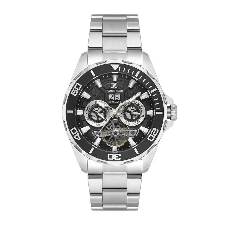 Daniel Klein Skeleton DK.1.13754-2 automatic watch with black skeletonised dial, 42mm stainless steel case, unidirectional rotating bezel, and three-link bracelet