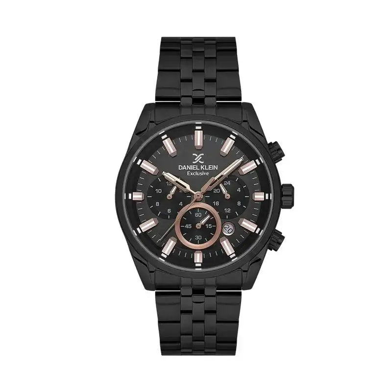 Daniel Klein black IP steel chronograph watch with black dial and rose gold-tone hands