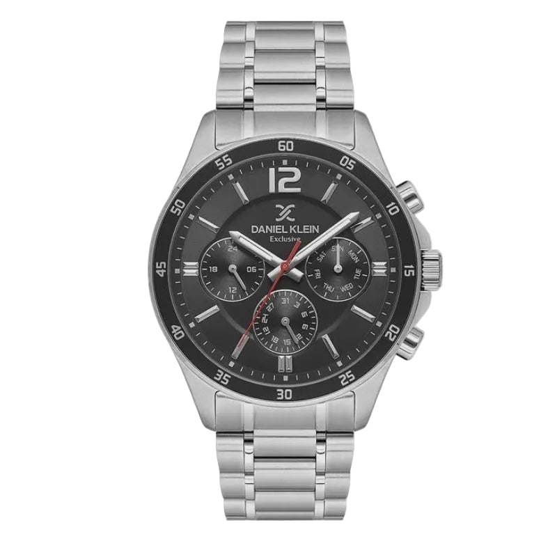 Daniel Klein Exclusive DK1.13972-2 multifunction chronograph watch with black dial, stainless steel case and bracelet, and rotating bezel
