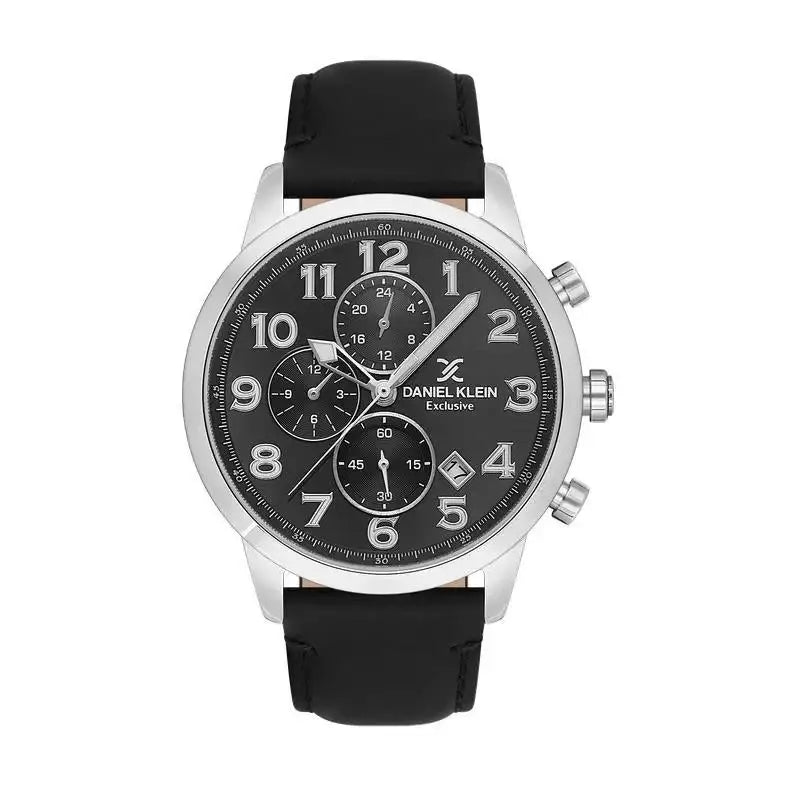 Daniel Klein Exclusive DK113833-1 chronograph watch with black dial, Arabic numerals, stainless steel case and black leather strap