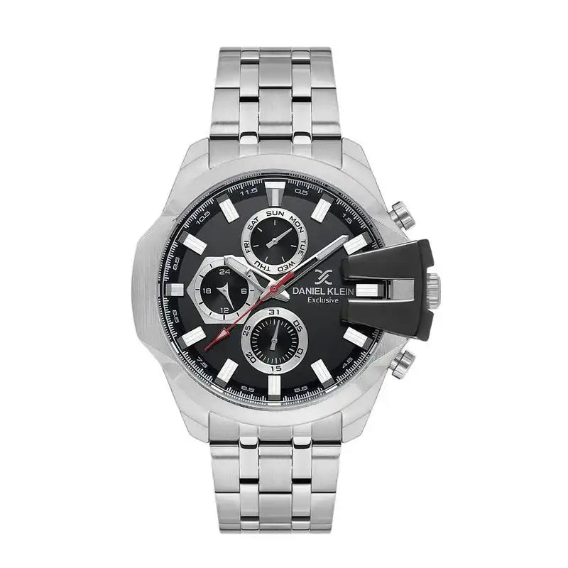 Daniel Klein Exclusive DK113848-1 multifunction chronograph watch with black dial, stainless steel case and bracelet, three sub-dials