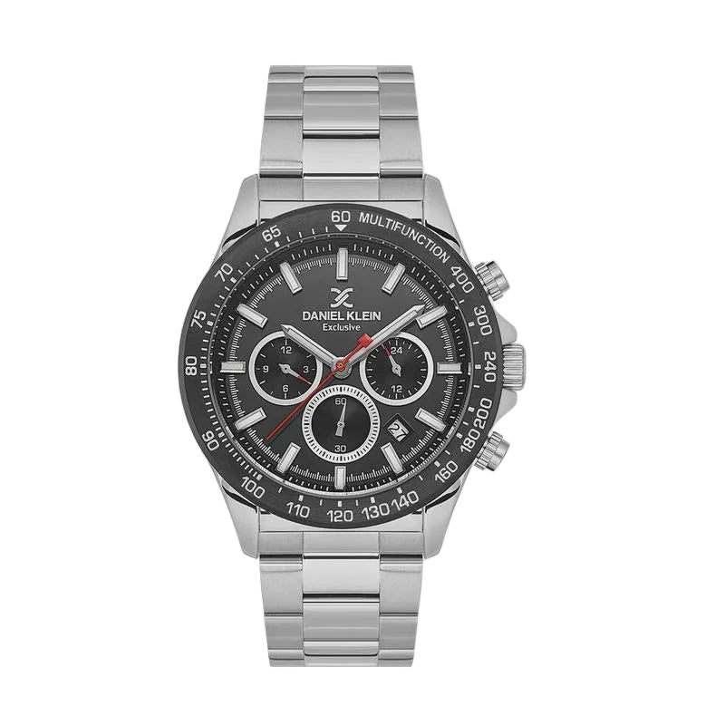 Daniel Klein Exclusive DK113852-1 multifunction chronograph watch with black dial, three sub-dials, tachymeter bezel, and stainless steel bracelet