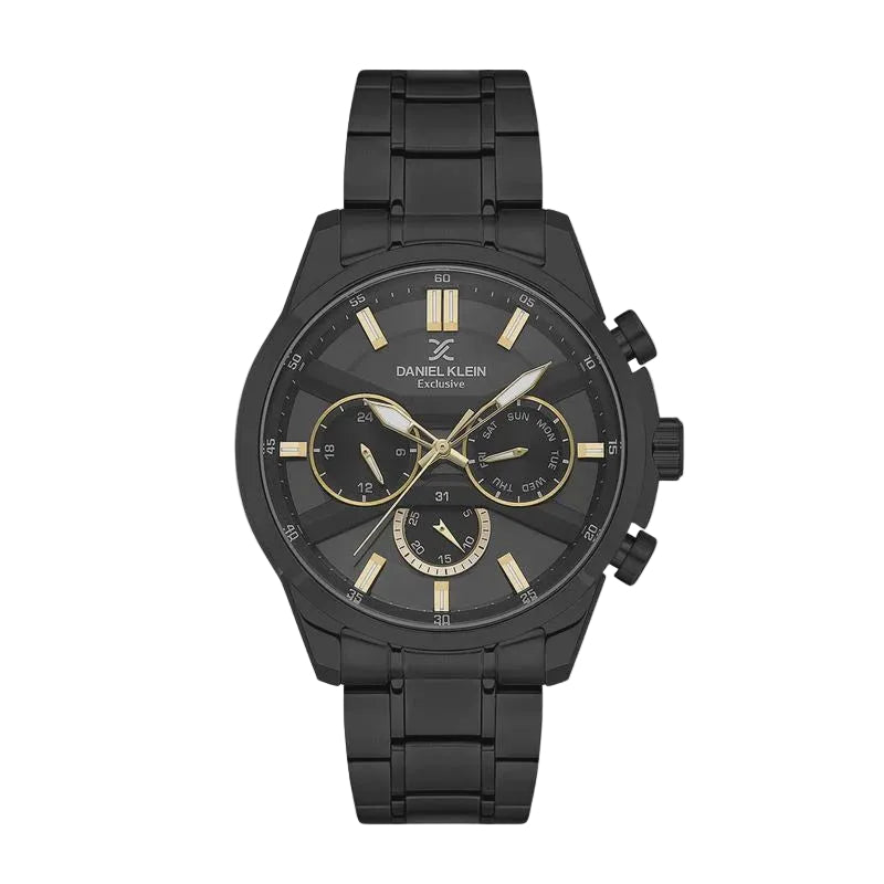 Daniel Klein Exclusive DK113793-5 multifunction chronograph watch with black IP stainless steel case and bracelet, black dial with gold-tone markers and three subdials